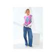 A woman modeling a sleeveless argyle sweater vest in pink, blue, and purple over a white long-sleeve shirt, paired with wide-leg blue jeans and white sneakers, set against a minimalist white studio background.