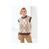 A woman modeling a sleeveless argyle sweater vest in beige and brown, worn over a cream long-sleeve shirt and paired with tan pants, set against a clean white background.