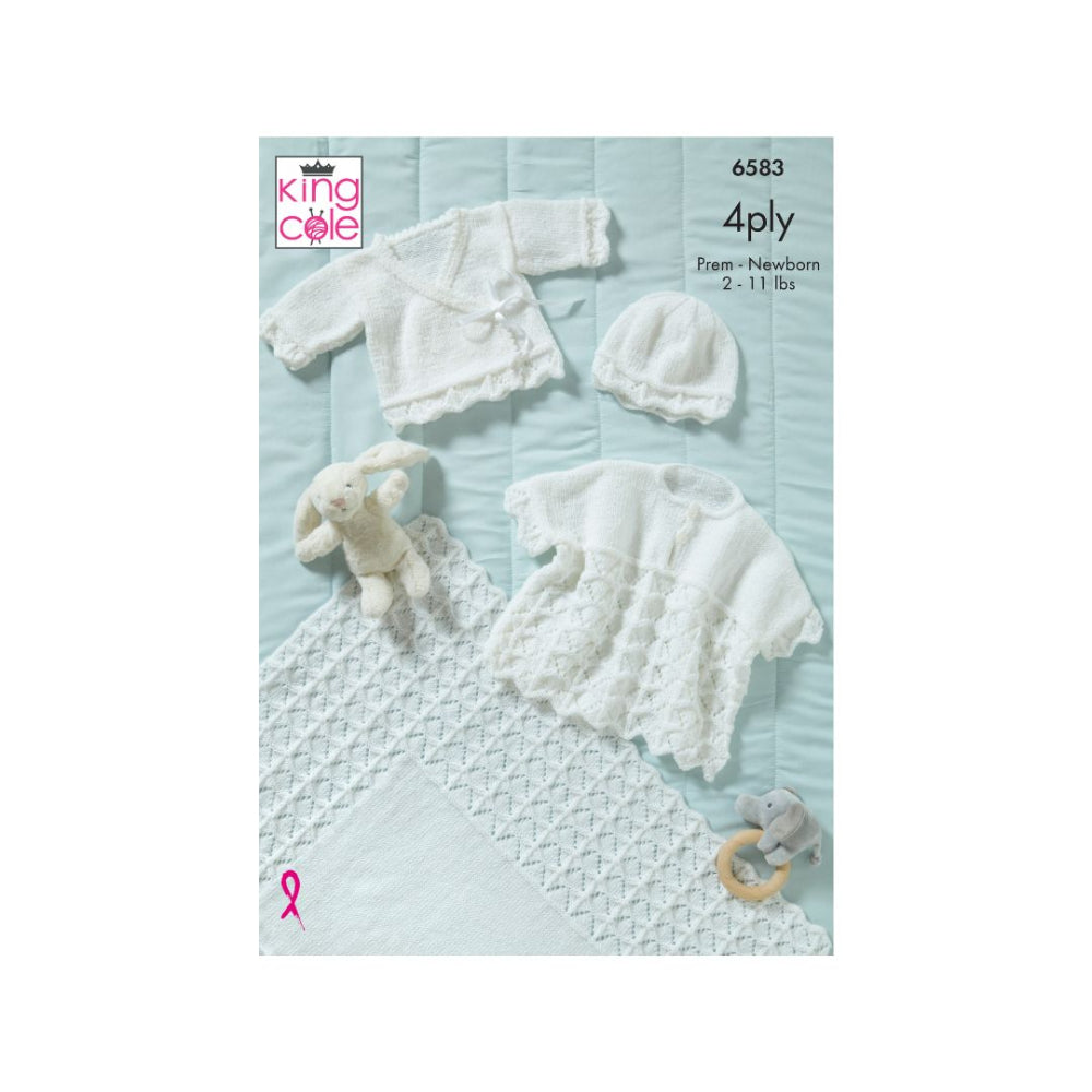 King Cole knitting pattern cover for 6583, featuring a white 4-ply knit baby outfit set including a hat, a short-sleeve top, and a blanket, displayed on a light blue quilted background with small plush toys.