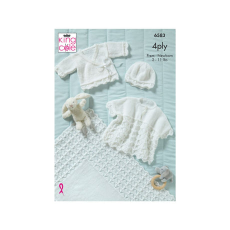 King Cole knitting pattern cover for 6583, featuring a white 4-ply knit baby outfit set including a hat, a short-sleeve top, and a blanket, displayed on a light blue quilted background with small plush toys.