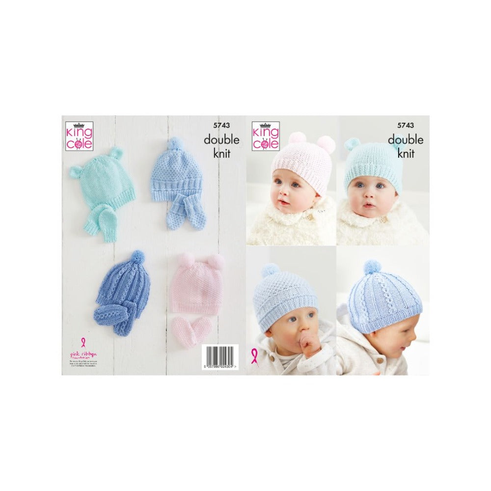King Cole Baby Hat and Mittens DK Knitting Pattern 5743