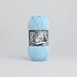 A skein of light blue yarn with a dark gray paper label, centered on a plain white background.