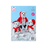 King Cole Ltd knitting pattern cover for  plush bears, showing three white yarn polar bears dressed in red winter clothing against a light blue background with white faux snow.