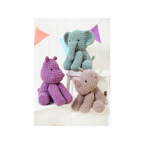 King Cole Crochet Elephant, Hippo and Rhino Toy Pattern 9217