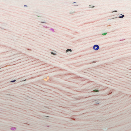 Close-up of pale pink yarn with scattered multicoloured sequins