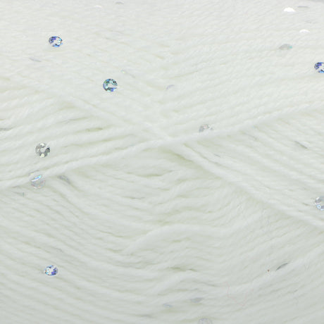 White yarn with scattered iridescent sequins, shown in a close-up texture view.
