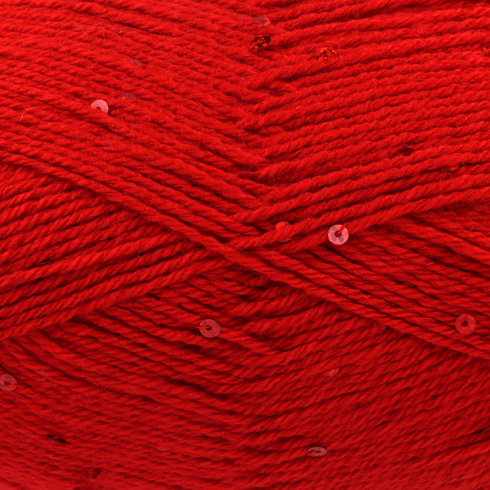 A close-up of bright red yarn with small sequins woven throughout, filling the entire frame.