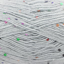 Light grey yarn with scattered small multicoloured sequins, shown in a close-up texture view.