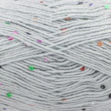 Light grey yarn with scattered small multicoloured sequins, shown in a close-up texture view.