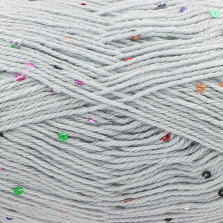 Light grey yarn with scattered small multicoloured sequins, shown in a close-up texture view.