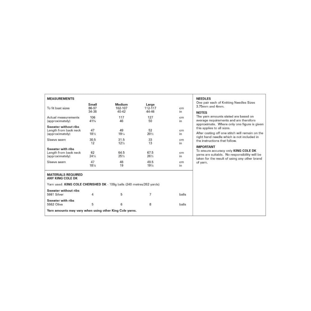 King Cole DK Knitting Pattern 6189 Yarn Quantities