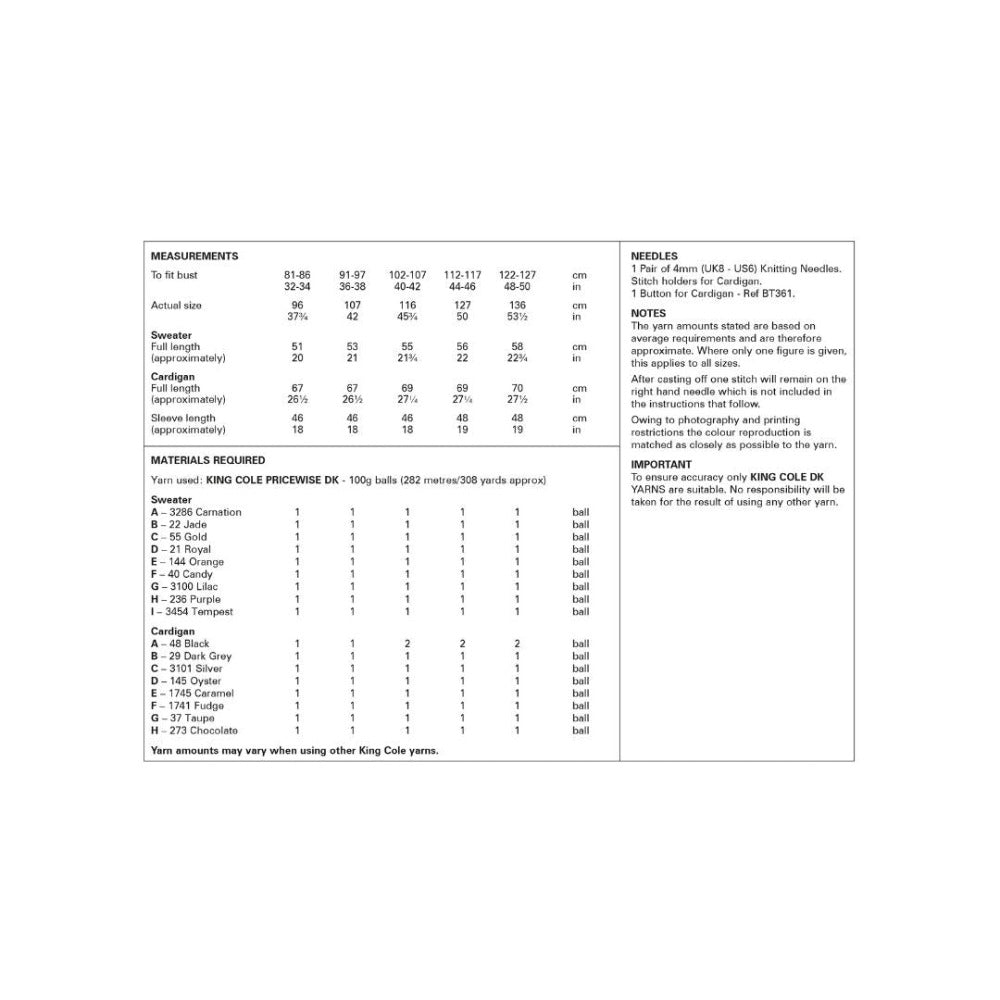 King Cole DK Knitting Pattern 6181 Yarn Quantities