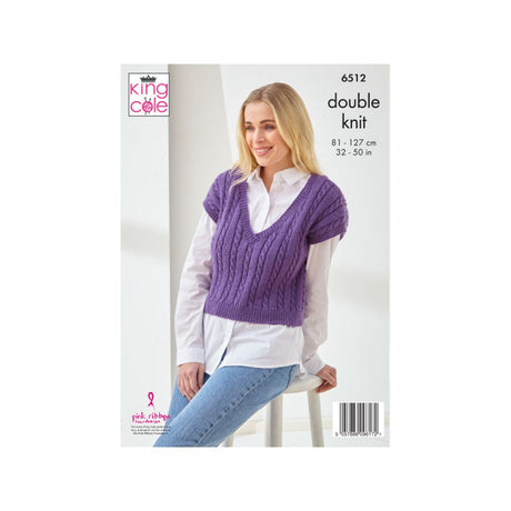 King Cole knitting pattern cover for pattern 6512, featuring a woman wearing a purple cable-knit double knit tank top over a white collared shirt and blue jeans.