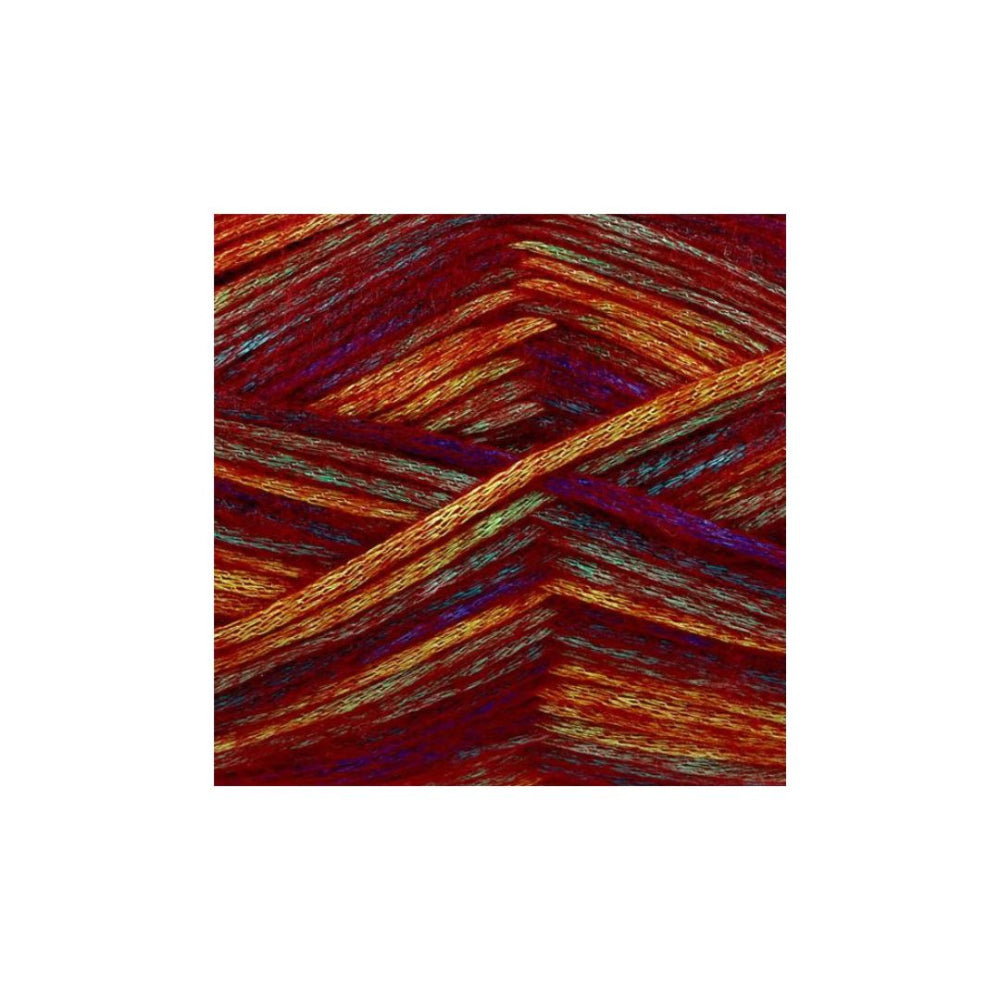 A square close-up of variegated yarn strands in a warm multicolour mix of red, orange, gold, purple, and blue, centered on a plain white background.