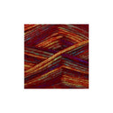 A square close-up of variegated yarn strands in a warm multicolour mix of red, orange, gold, purple, and blue, centered on a plain white background.