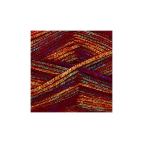 A square close-up of variegated yarn strands in a warm multicolour mix of red, orange, gold, purple, and blue, centered on a plain white background.