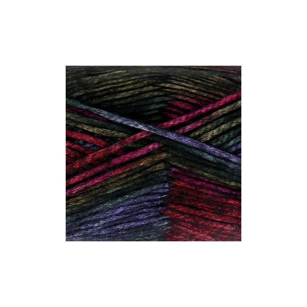A close-up of variegated yarn strands in dark olive green, burgundy red, and purple, arranged in a square crop on a white background.