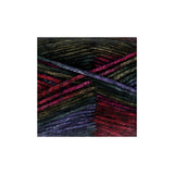 A close-up of variegated yarn strands in dark olive green, burgundy red, and purple, arranged in a square crop on a white background.