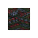A square close-up of variegated yarn strands in dark green, burgundy red, and slate blue, centered on a plain white background.