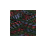 A square close-up of variegated yarn strands in dark green, burgundy red, and slate blue, centered on a plain white background.