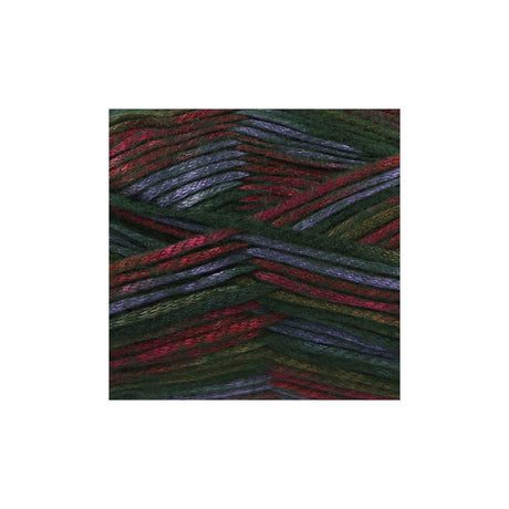 A square close-up of variegated yarn strands in dark green, burgundy red, and slate blue, centered on a plain white background.