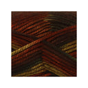 A close-up of a skein of variegated yarn with alternating stripes of deep brown, rust red, and metallic gold.