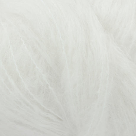 A close-up texture shot of fluffy white yarn showing soft fibres and subtle shadows.