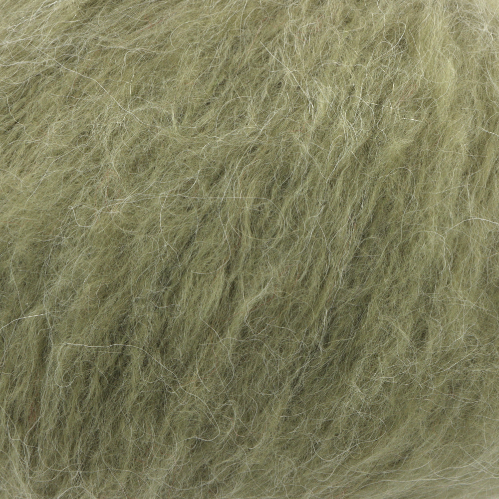 A close-up texture shot of fluffy, curly hair or fibre in a muted olive green colour.