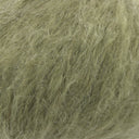A close-up texture shot of fluffy, curly hair or fibre in a muted olive green colour.