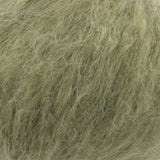 A close-up texture shot of fluffy, curly hair or fibre in a muted olive green colour.