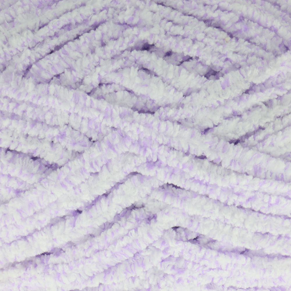 A close-up of fluffy chenille yarn in a light lavender purple colour, showing the soft, textured strands.