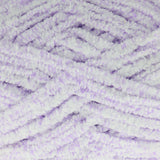 A close-up of fluffy chenille yarn in a light lavender purple colour, showing the soft, textured strands.