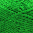 A close-up of bright green plush chenille yarn, showing the thick, fuzzy texture of the strands.