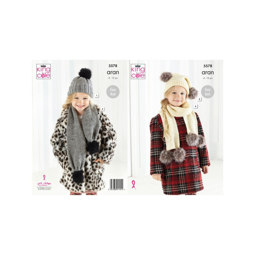 King cole Kids Aran Hat and Scarf Knitting Pattern 5578