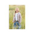 A young girl with blonde hair stands in a field of tall grass, wearing a textured grey and white striped cardigan over a white top and blue jeans.