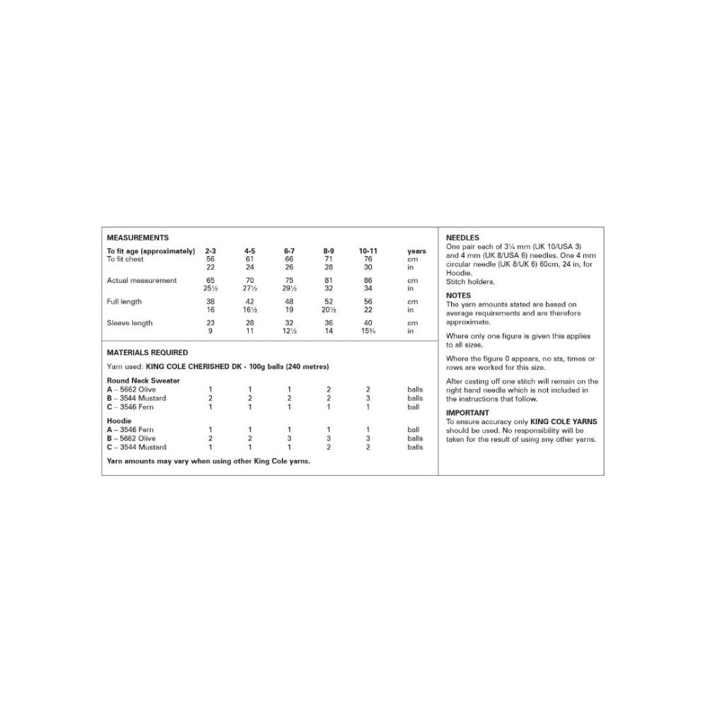 King Cole Kids DK Knitting Pattern 6176 Yarn Quantities