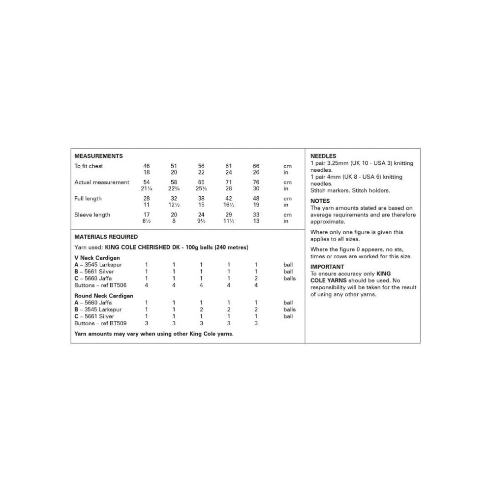 King Cole Kids DK Knitting Pattern 6177 Yarn Quantities