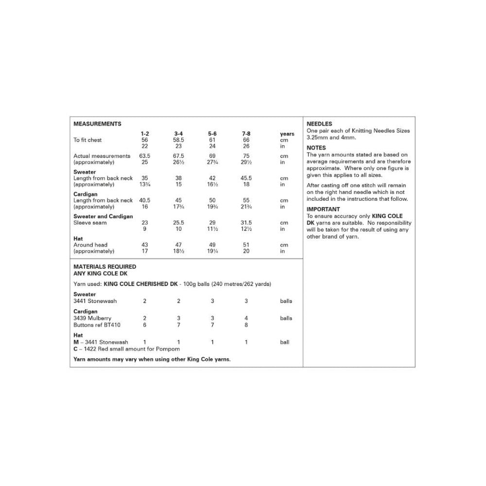 King Cole Kids DK Knitting Pattern 6184 Yarn Quantities