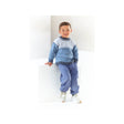 A young boy wearing a blue and grey knit round neck sweater and matching blue sweatpants, standing against a white geometric background.