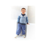 A young boy wearing a blue and white striped knit sweater, blue trousers, and white sneakers, standing in a bright white studio setting.