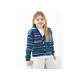 A young girl with long blonde hair wearing a colourful striped knit cardigan over a white t-shirt and light gray pants, standing against a plain white background.