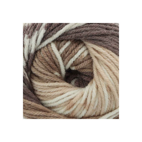 A close-up of a skein of variegated yarn with twisted strands in shades of cream, beige, taupe, and dark brown, arranged in a spiral pattern on a white background.