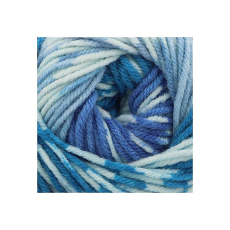 A close-up of variegated yarn wound into a skein, showing alternating strands of light blue, medium blue, and white.