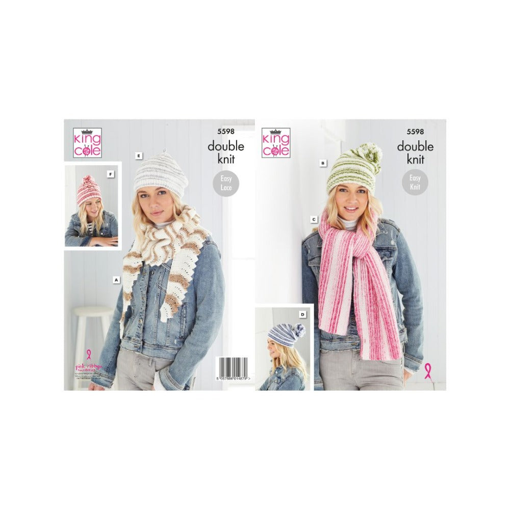 King Cole Easy Knit Ladies Scarf, Hat and Beret Pattern 5598