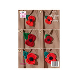 King Cole knitting pattern cover for 'Poppies' (dk, aran & yummy), showing a six-panel collage of a red and green crocheted and knitted poppy pin attached to a brown tweed jacket.
