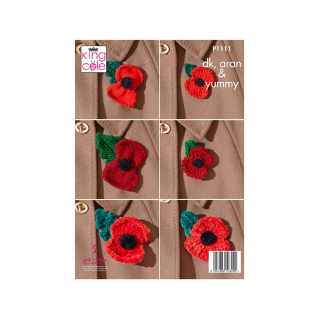 King Cole knitting pattern cover for 'Poppies' (dk, aran & yummy), showing a six-panel collage of a red and green crocheted and knitted poppy pin attached to a brown tweed jacket.