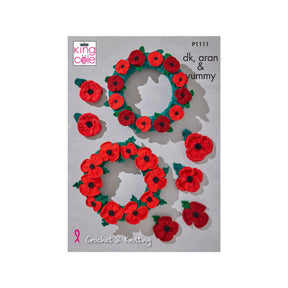King Cole Crochet & Knitting pattern cover for P1111, featuring two  poppy wreaths and several individual poppy flowers on a light grey background.