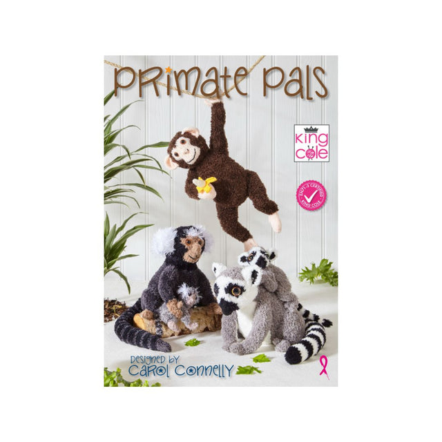 King Cole 'Primate Pal' knitting pattern cover featuring crocheted primate toys, including a hanging brown monkey, a black-and-white toucan monkey, a gray-and-white ring-tailed lemur, and a black-and-white raccoon, on a white wood-plank background with the title 'Primate Pal' at the top.