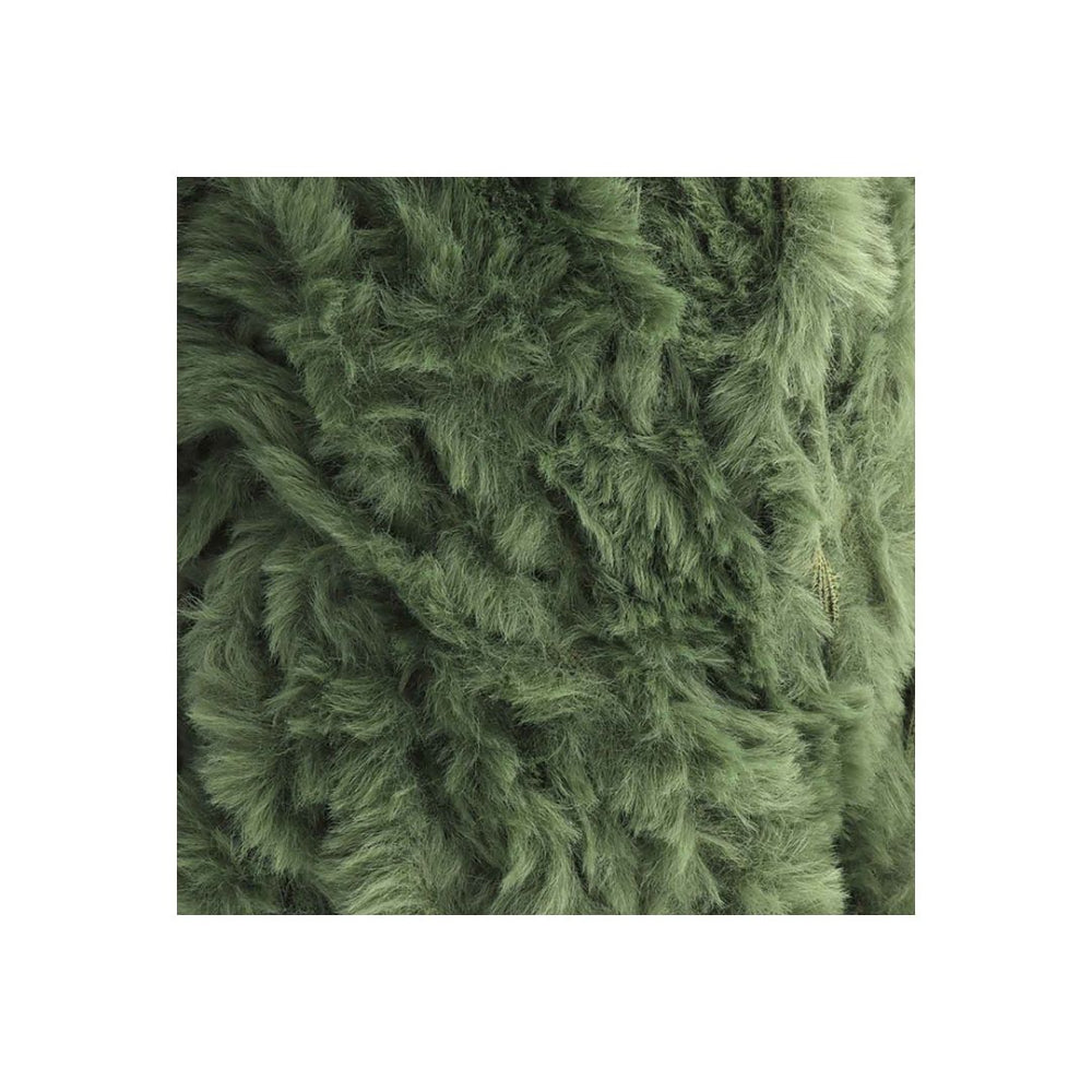 A close-up of a shaggy faux fur fabric in a muted sage green color, shown inside a square frame on a white background.