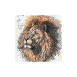 A square canvas or print featuring a painted lion head portrait with a full mane, shown centered on a plain white background.